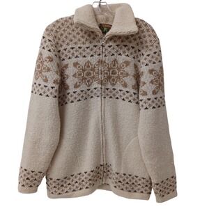 Tundra Mens Large 100% Virgin Wool Full Zip Sweater Beige Brown Fair Isle Canada